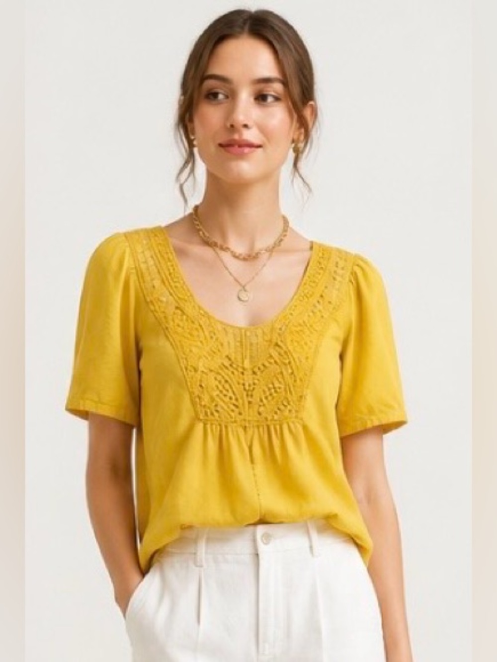 EDME & ESYTTLE Blouse Top Anthropologie Crochet Peasant Yellow Boho Short Sleeve